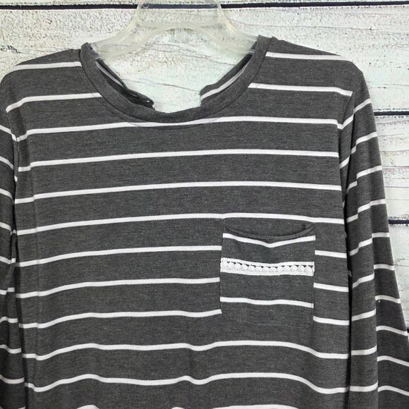 Umgee Gray White Stripe Lace-Up Back Long Sleeve Top L - Picture 2 of 10